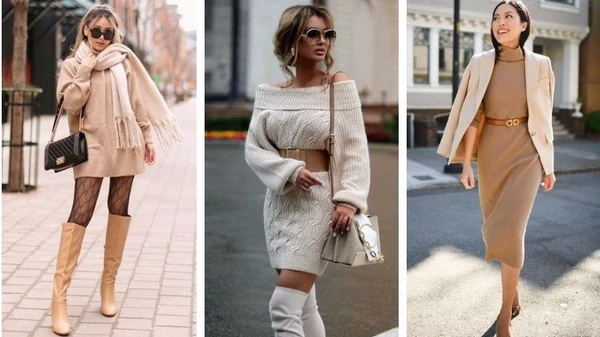 С чем носить теплое бежевое платье